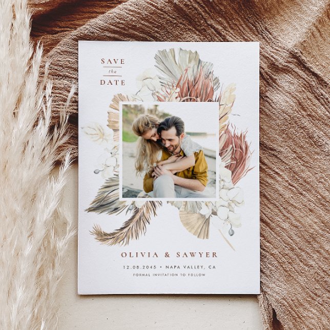 Boho Dried Palm and Orchids Foto Save the Date Magneteinladung (Photo save the date magnet featuring a watercolor pampas grass, dried palm, orchids, and anthurium.)