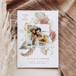 Boho Dried Palm Blätter und White Orchids Foto Save The Date