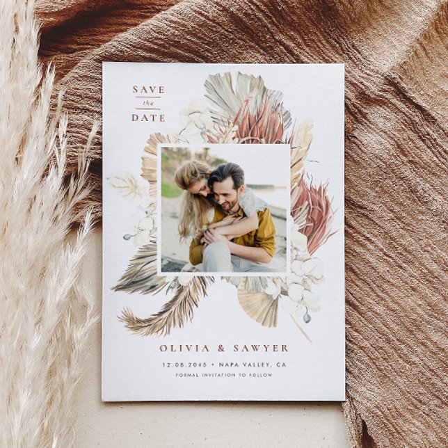 Boho Dried Palm Blätter und White Orchids Foto Save The Date (Photo save the date featuring a watercolor pampas grass, dried palm, orchids, and anthurium.)