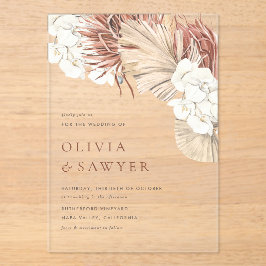 Boho Dried Palm Blätter und White Orchids Hochzeit Acryleinladungen