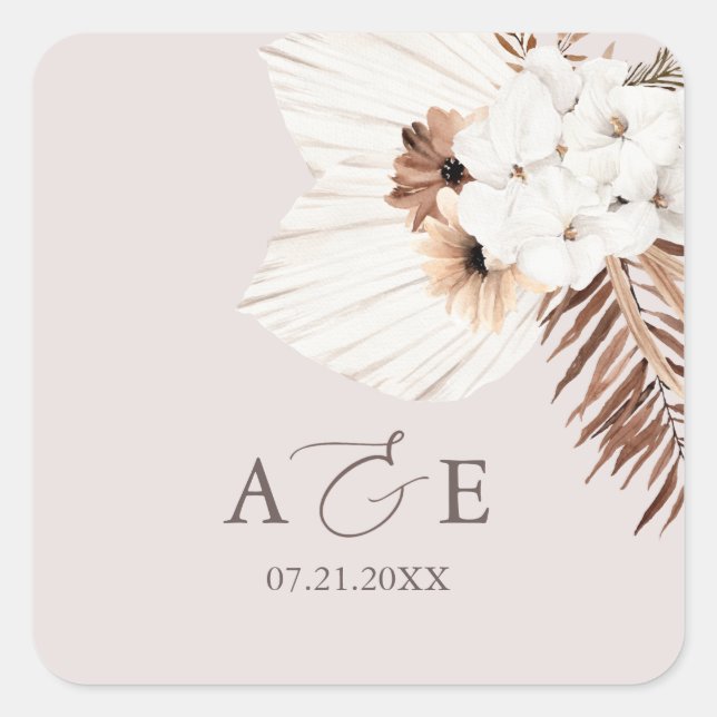 Boho Dried Palm Blätter Wedding Square Sticker (Vorderseite)