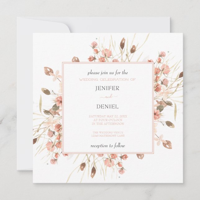 Boho Dried Watercolor Floral Wedding Einladung (Vorderseite)