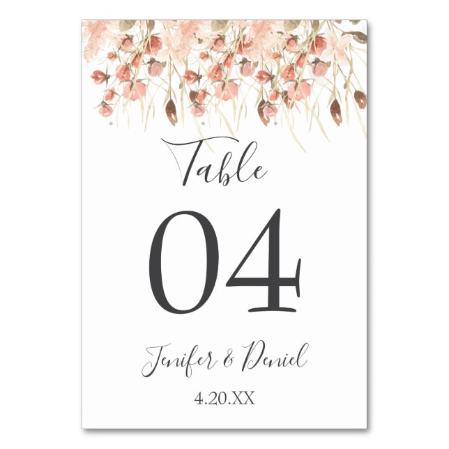 Boho Dried Watercolor Floral Wedding Tischnummer (Vorderseite)