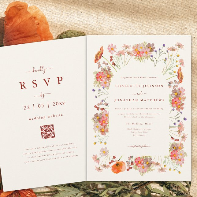 Boho Dried Wildblumen Hochzeit im Herbst Einladung (Boho wildflower fall wedding invitation with qr code)
