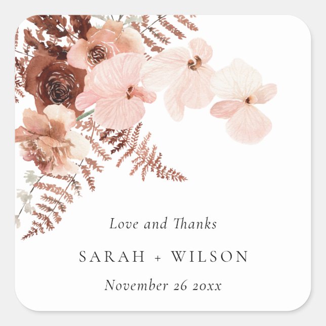 Boho Driust Roust Blush Fern Orchid Wedding Danke Quadratischer Aufkleber (Vorderseite)