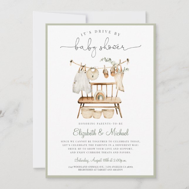 Boho Drive by Eucalyptus Green Neutral Baby Shower Einladung (Vorderseite)