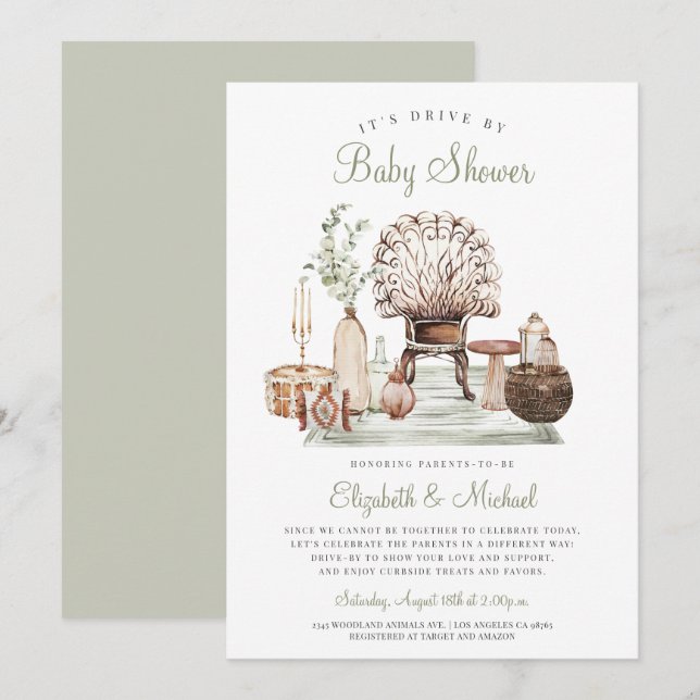 Boho Drive by Green Eucalyptus Baby Showdusche Ein Einladung (Vorne/Hinten)