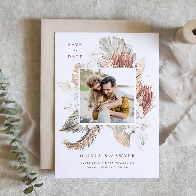 Boho Driving Palm and White Orchid QR Code Foto Save The Date (QR code save the date featuring a watercolor pampas grass, dried palm, orchids, and anthurium.)