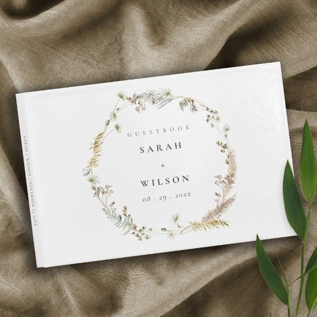 Boho Dry Palm Pampas Grass Floral Wreath Wedding Gästebuch (Von Creator hochgeladen)