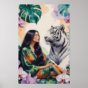 Boho-Dschungel-Traumlandschaft Weißer Tiger & Frau Poster