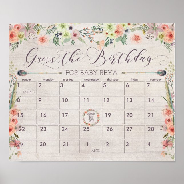 Boho Due Date Calendar Kinderduschenspiel Poster (Vorne)