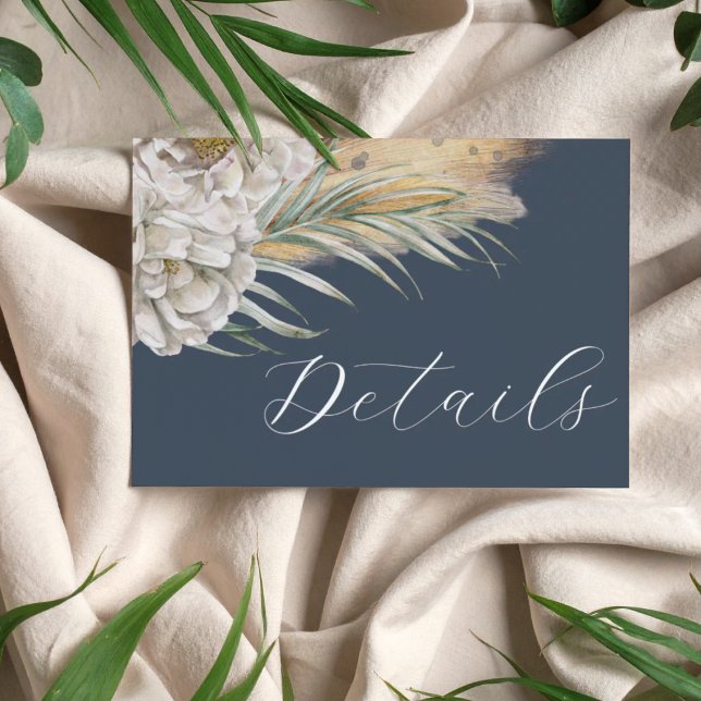 Boho-Dunkelblaue-Pampasgras-Hochzeitsdetails Begleitkarte (Von Creator hochgeladen)
