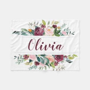 Boho dunkelrote Watercolor-Blumen personalisiert Fleecedecke