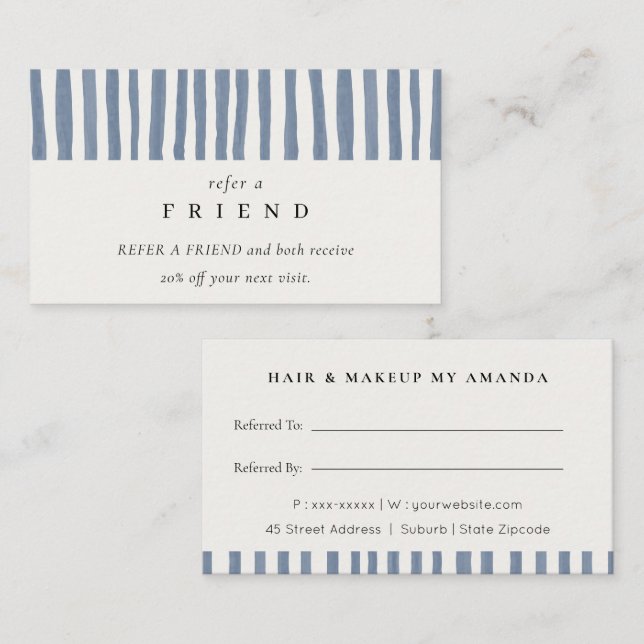 Boho Dusky Blue Watercolor Strips Refer A Friend Visitenkarte (Vorne/Hinten)