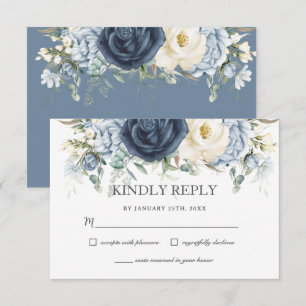 Boho Dustig Blau Navy Elfenbein Floral Salbei Hoch RSVP Karte