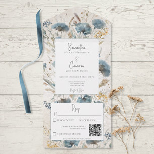 Boho Dusty Blau & Beige Blumen-Monogramm QR-Code All In One Einladung