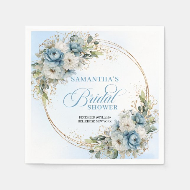 Boho Dusty Blau Blumen Eukalyptus Gold Servietten (Vorderseite)