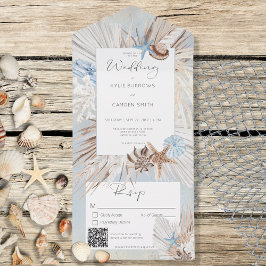 Boho Dusty Blue Beach Rustikaler QR-Code All In One Einladung