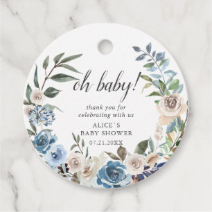 Boho Dusty Blue Beige Blume Babydusche Geschenkanhänger