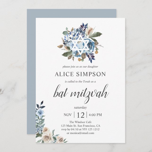 Boho Dusty Blue Beige Blume Bat Mitzvah Einladung (Vorne/Hinten)