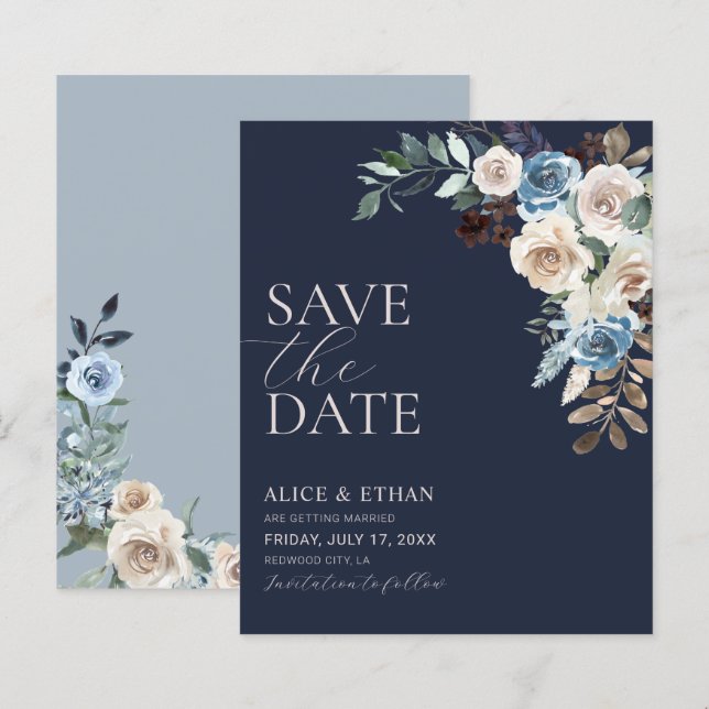Boho Dusty Blue Beige Blume Save the Date (Vorne/Hinten)
