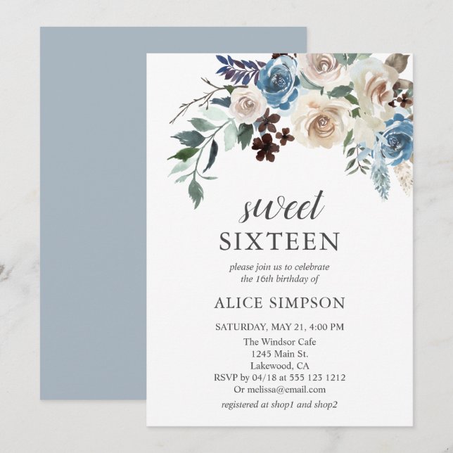 Boho Dusty Blue Beige Blume Sweet 16 Einladung (Vorne/Hinten)