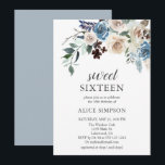 Boho Dusty Blue Beige Blume Sweet 16 Einladung<br><div class="desc">Neutrale Blume mit rosa und beige mit getrockneten Blätter.</div>