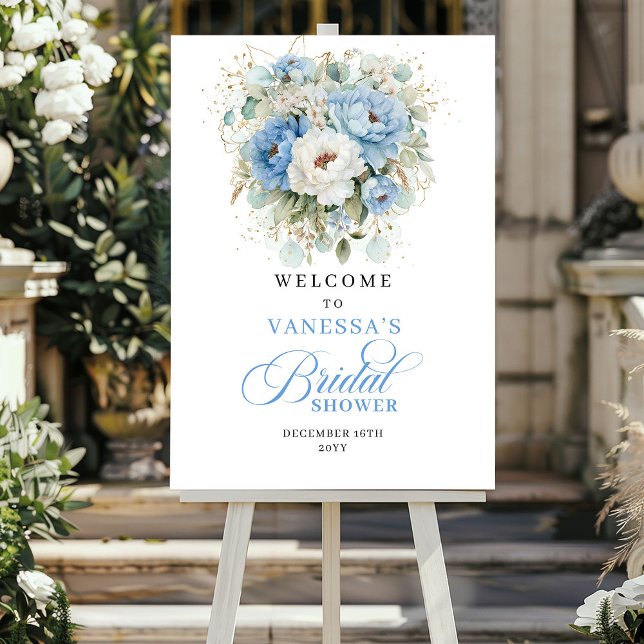 Boho Dusty Blue Blumen Brautparty Willkommen Poster (Boho Dusty Blue Flowers Bridal Shower Welcome)