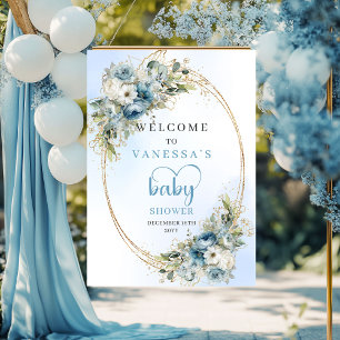 Boho Dusty Blue Blumen Gold Baby Shower Willkommen Poster