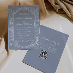 Boho Dusty Blue Blumen QR Code Botanische Hochzeit Einladung