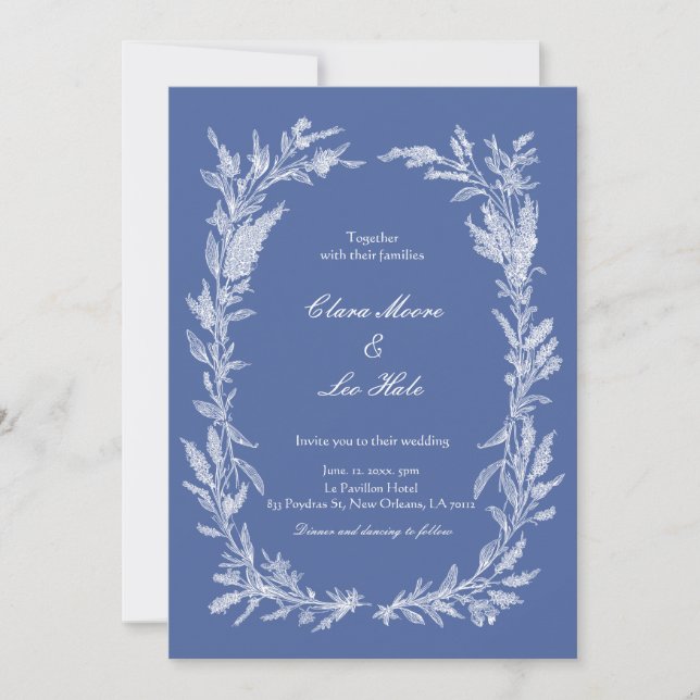 Boho Dusty Blue Botanischer Kranz Hochzeit Einladung (Vorderseite)