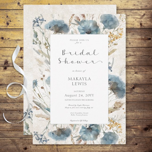 Boho Dusty Blue & Brown Brautparty Einladung (Boho Dusty Blue & Brown Floral Bridal Shower Invitation)