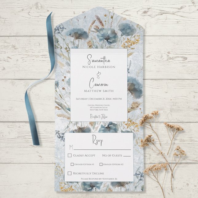 Boho Dusty Blue & Brown Floral Monogram Dinner All In One Einladung (Von Creator hochgeladen)