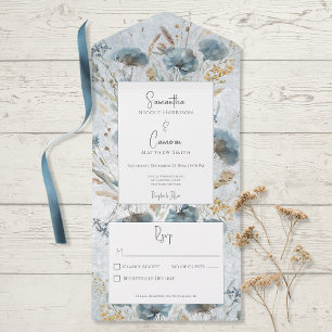 Boho Dusty Blue & Brown Floral Monogram No Dinner All In One Einladung