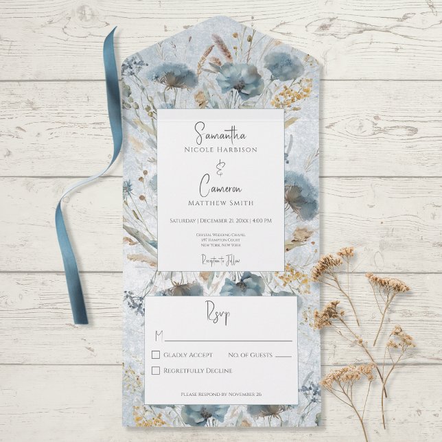 Boho Dusty Blue & Brown Floral Monogram No Dinner All In One Einladung (Von Creator hochgeladen)