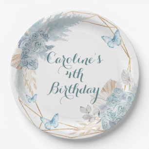 Boho Dusty Blue Butterfly Geometric Birthday Pappteller