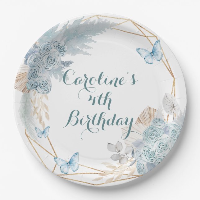 Boho Dusty Blue Butterfly Geometric Birthday Pappteller (Vorderseite)