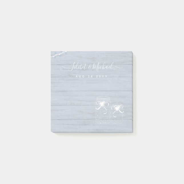 BOHO Dusty Blue Driftwood Mason Jars Wedding Post-it Klebezettel (Vorderseite)