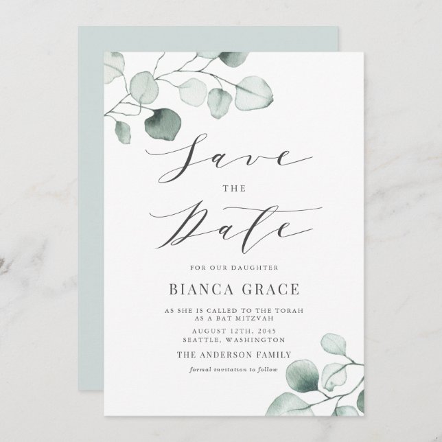 Boho Dusty Blue Eucalyptus Blätter Bat Mitzvah Save The Date (Vorne/Hinten)