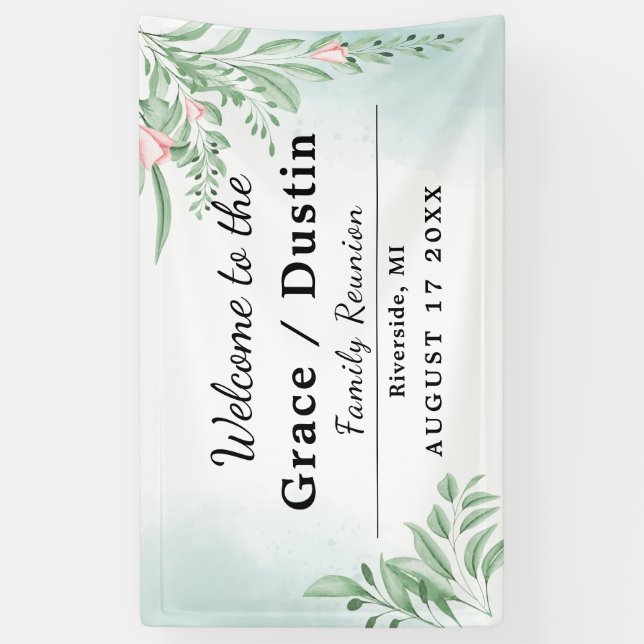 Boho Dusty Blue Eucalyptus Family Wiedersehen Banner (Vertikal)