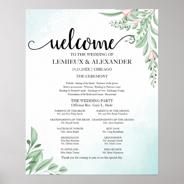 Boho Dusty Blue Eucalyptus Wedding Program Poster (Vorne)