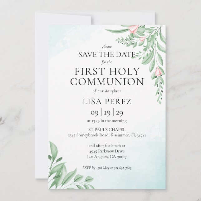Boho Dusty Blue First Holy Communion Save The Date (Vorderseite)