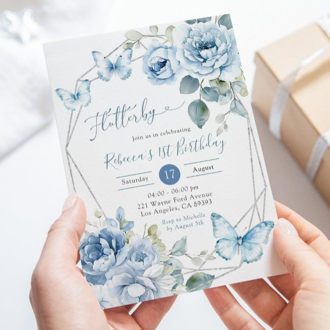 Boho Dusty Blue Floral Butterfly Geburtstag Einladung (Von Creator hochgeladen)