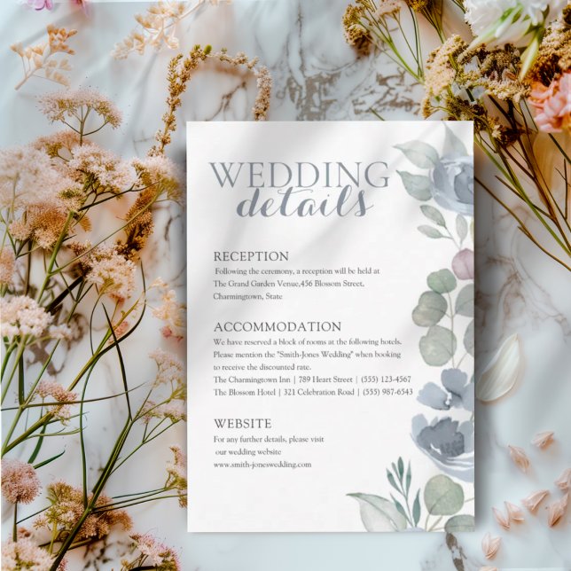 Boho Dusty Blue Floral Details Wedding Begleitkarte (Von Creator hochgeladen)