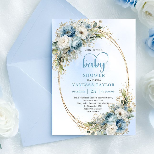 Boho Dusty Blue Floral Eucalyptus Gold Baby Shower Einladung (Printed with Zazzle’s premium professional quality, this baby shower invitation showcases soft water)