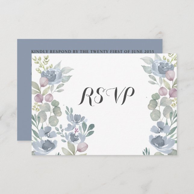 Boho Dusty Blue Floral Eucalyptus Wedding RSVP (Vorne/Hinten)