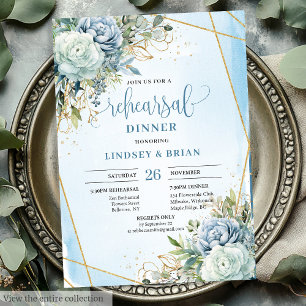 Boho Dusty Blue Floral Gold Frame Dinner einladen Einladung