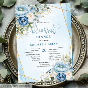 Boho Dusty Blue Floral Gold Probe Einladung