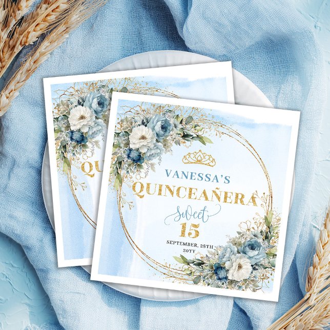 Boho Dusty Blue Floral Gold Quinceañera Napkins Serviette (Boho Dusty Blue Floral Gold Quinceañera Napkins)