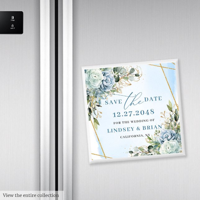 Boho Dusty Blue Floral Gold Save the Date Magnet (Elegant Dusty Blue Floral Gold Save The Date Magnet

)